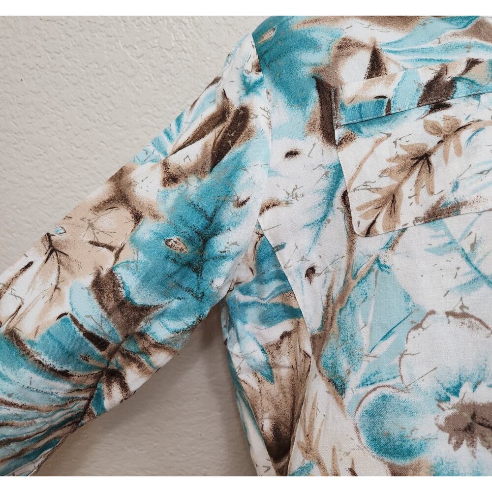 VTG Alfred Dunner Teal Tan Floral Print Button Up Top 14 Lightweight Collard - Picture 2 of 5
